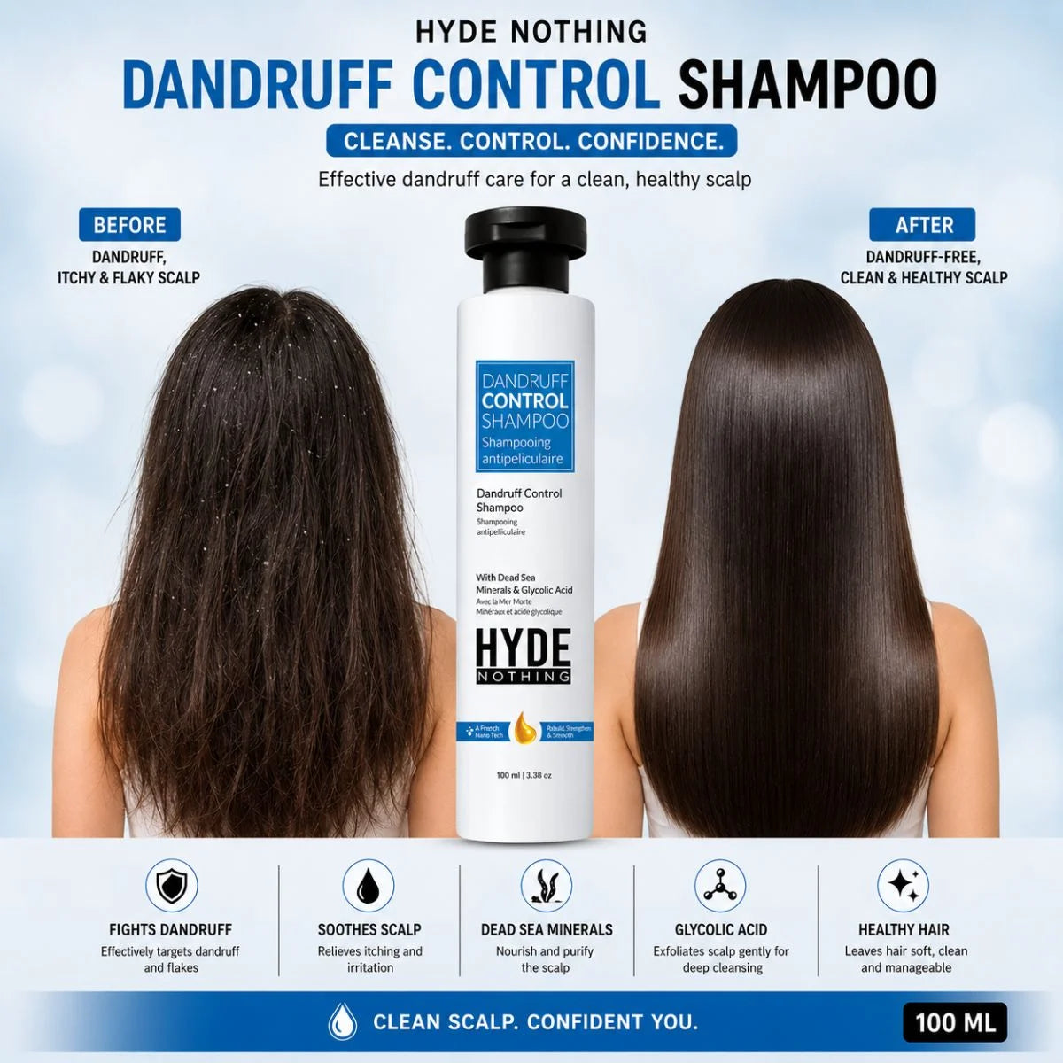 Dandruff Control Shampoo with Dead Sea Minerals & Glycolic Acid – 100ml | French Nano Tech | Rebuild, Strengthen & Smooth