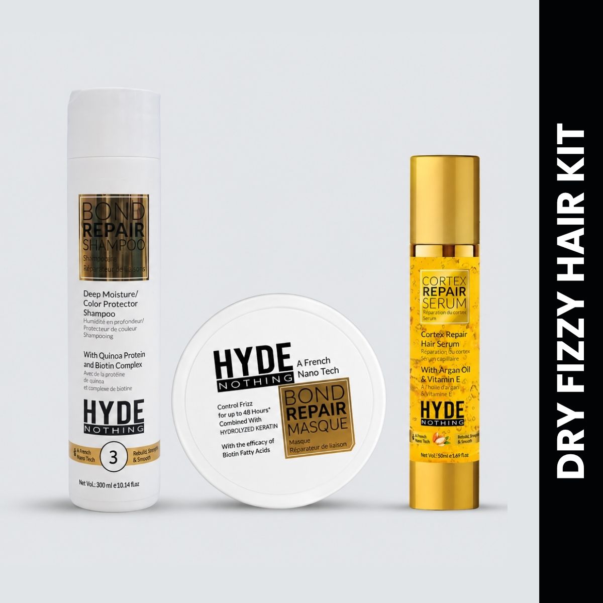 HYDE NOTHING Dry & Frizzy Hair Kit – Bond Repair Shampoo, Masque & Cortex Repair Serum
