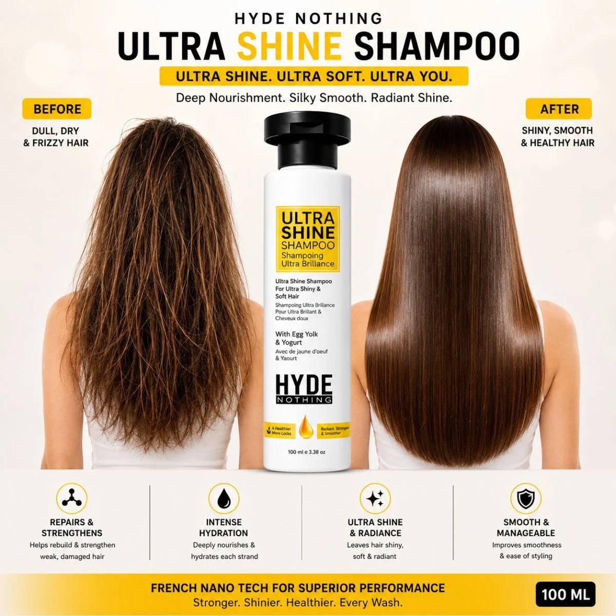 Ultra Shine Shampoo 100ml with Egg Yolk & Yogurt | French Nano Tech Formula for Smooth & Strong Hair