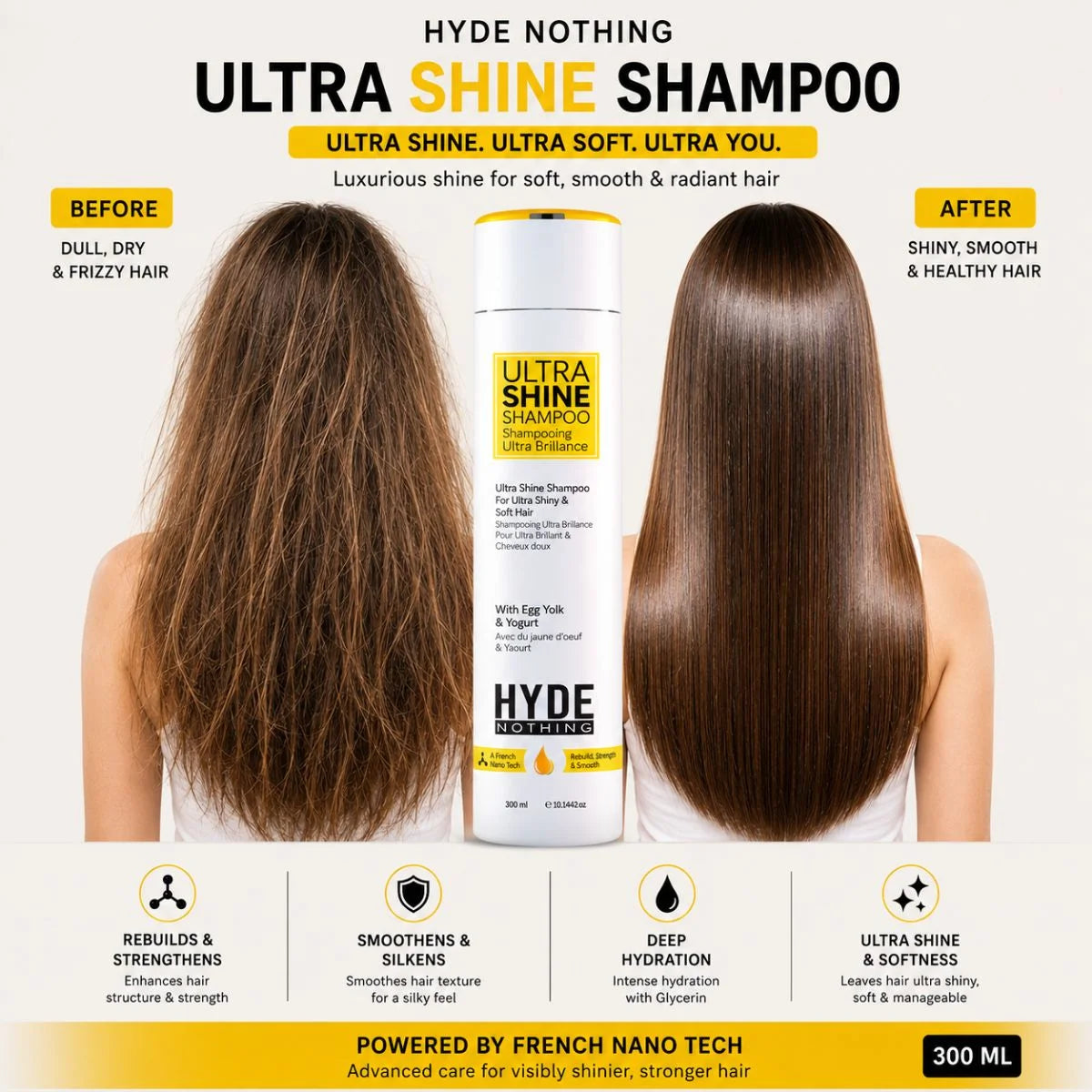Ultra Shine Shampoo 300ml with Egg Yolk & Yogurt, Rebuild, Strengthen & Smooth | French Nano Tech | For Ultra Shiny & Soft Hair